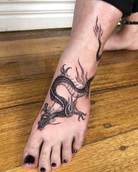 dragon tattoo on foot Dragon Tattoo On Ankle, Dragon Wrapped Around Leg Tattoo, Dragon Tattoo Ankle, Dragon Foot Tattoo, Chinese Tattoo Designs, Tattoo On Foot, Physical Graffiti, Red Dragon Tattoo, Dragons Tattoo