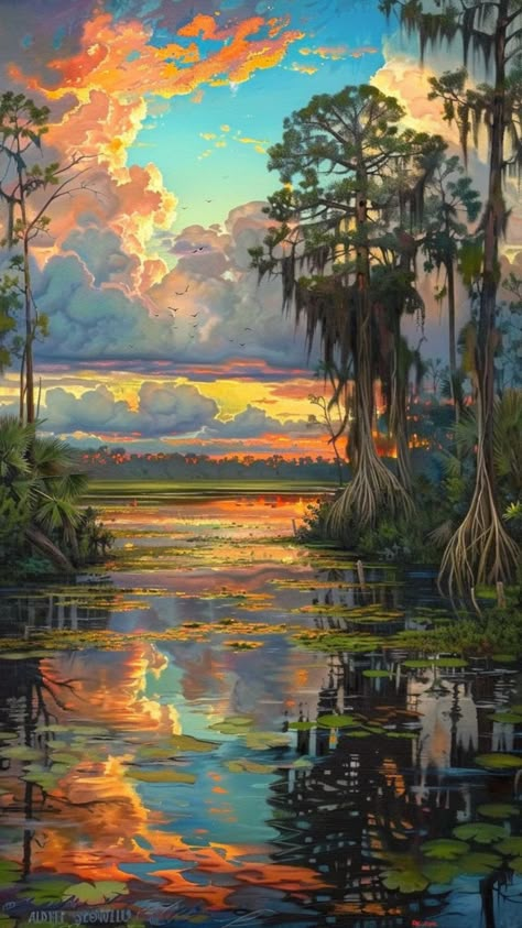 Sunset in a Florida swamp The Everglades Florida, Vintage Florida Wallpaper, Old Florida Decor Living Room, Old Florida Paintings, Vintage Florida Art, Everglades Tattoo, Everglades Aesthetic, Old Florida Aesthetic, Old Florida Decor Interior Design