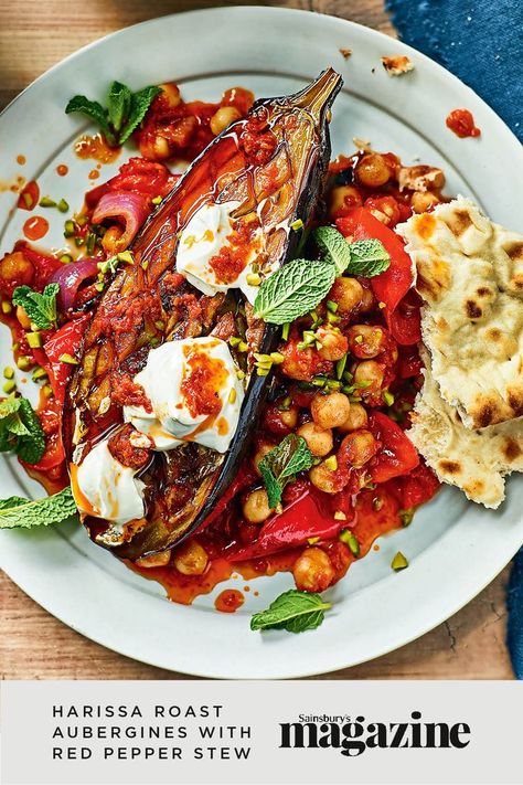 This aubergine and chickpea stew is a great Middle Eastern-inspired vegetarian recipe for an easy weekend lunch or supper. Get the Sainsbury's magazine recipe Red Pepper Recipes, Sainsburys Recipes, Aubergine Recipe, Easy Vegetarian Lunch, Eggplant Dishes, Chickpea Stew, Healthy Supper, Weekend Meals, Vegetarian Lunch