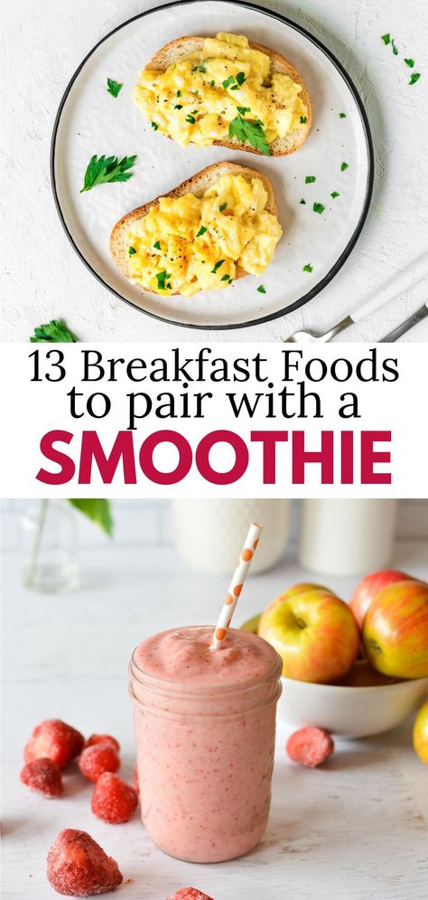 eggs on toast, a strawberry smoothie What To Eat With Smoothies, Smoothie Breakfast Ideas, Filling Breakfast Smoothie, Healthy Protein Smoothies, Dinner Smoothie, Lunch Smoothie, Healthy Breakfast Smoothies, Morning Smoothie, Egg Breakfast