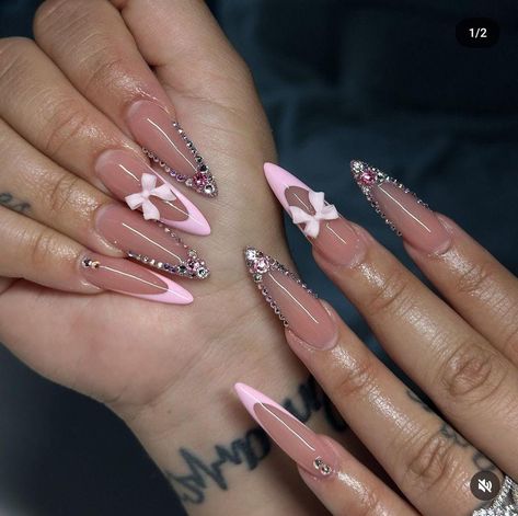 Diamante Nails, Gel Toe Nails, Long Stiletto, Pink Ombre Nails, Gel Nail Art Designs, Ombre Acrylic Nails, Stiletto Nails Designs, French Tip Acrylic Nails, Almond Nails Designs