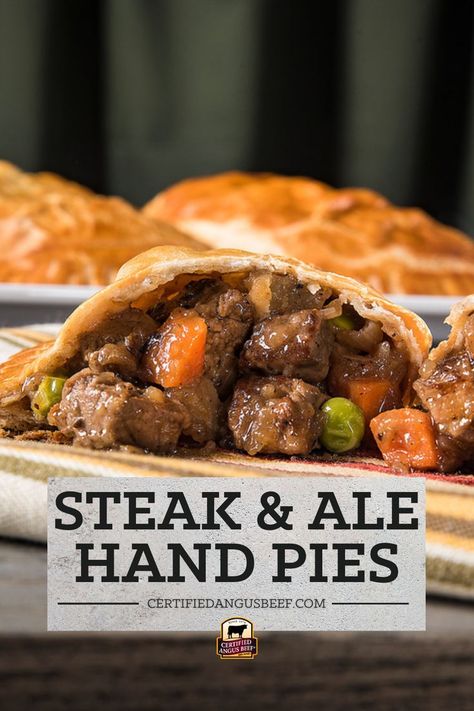 Tender sirloin tip steak, vegetables, and rich stout beer gravy inside a flaky biscuit crust. Make Steak and Ale Hand Pies for a hearty meal. Great for tailgating. Steak Hand Pies, Beer Gravy, Sirloin Tip Steak, Ale Pie, Biscuit Crust, Steak And Ale, Hand Pie Recipes, How To Make Things, Sirloin Tips