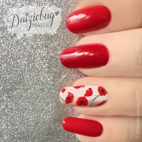 Poppy Nails Orly 'Haute Red'  Orly 'Star Spangled'  www.facebook.com/daiziebugnails    https://daiziebugnails.wordpress.com   https://www.instagram.com/daiziebug_nails Nails Poppy Flower, Red Poppy Nail Art, Nail Art Poppy, Poppies Nails, Poppy Flower Nails, Nails With Poppy Flower, Poppy Red Nails, Red Poppy Nails, Poppy Nails Design