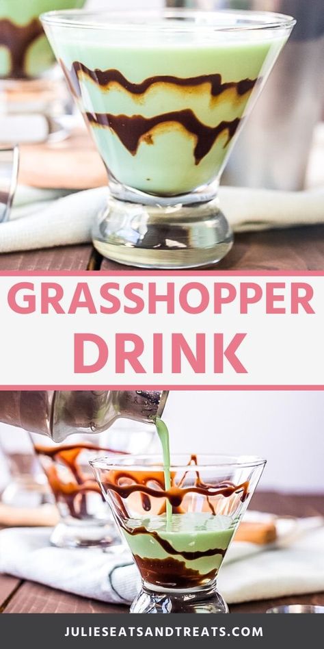 A Grasshopper Drink is a sweet drink that gets it's fabulous green color from crème de menthe. This cocktail only has three ingredients and is usually served after dinner as a dessert drink. Grab your cocktail shaker and top this it with whipped cream, sprinkles and candy if desired. #grashopper #drink Grasshopper Drink, Birthday Dinner Recipes, Flavored Alcohol, Sweet Cocktail, Irish Coffee Recipe, Whipped Cream Desserts, Cranberry Drinks, After Dinner Drinks, Mixed Drinks Alcohol