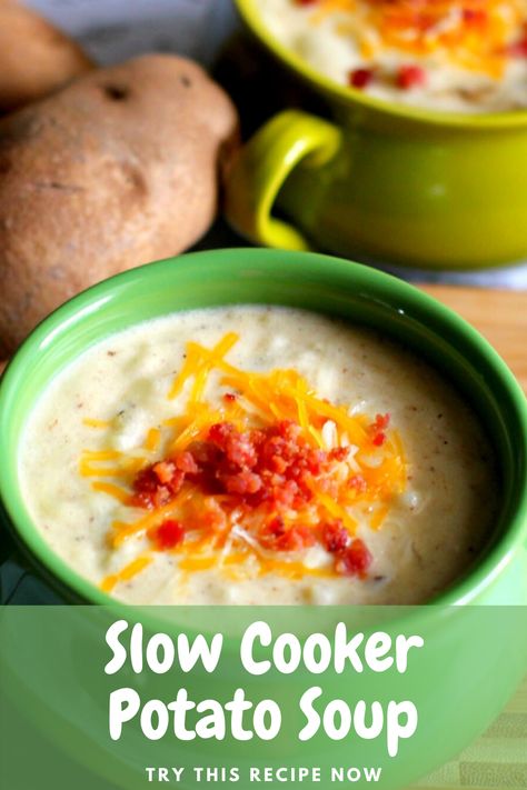 This Slow Cooker Potato Soup is easy to make in the crock-pot and one that everyone enjoys. It's thick and creamy, loaded with flavor, and can be served plain or with your choice of toppings. Crockpot Potato Soup, Slow Cooker Potato, Crockpot Potato, Baked Potato Soup Recipe, Slow Cooker Potato Soup, Slow Cooker Baking, Slow Cooker Potatoes, Potato Soup Crock Pot, Creamy Potato Soup