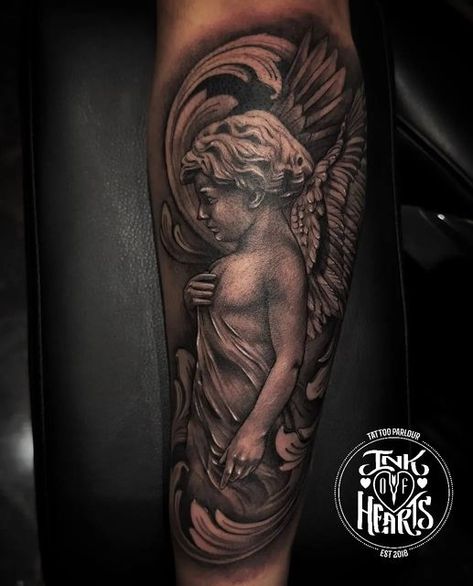 Angel Shoulder Tattoo Men, Baby Angel Tattoo For Men, Love Conquers All Tattoo, Black Angel Tattoo, Cherubim Angels Tattoo, Cherub Angel Tattoo, Hearts Tattoos, Candle Tattoo Design, Baby Angel Tattoo