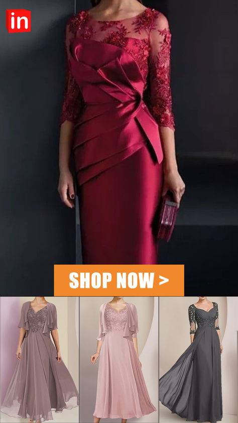 Sheath / Column Mother of the Bride Dress Elegant Illusion Neck Knee Length Satin Lace 3/4 Length Sleeve with Appliques Ruching 2023 Bride Dress 2023, Bride Dress Simple, Mother Dresses, Radiate Confidence, Tulle Bridesmaid Dress, Mother Wedding Dress, Bridal Dress Fashion, Dresses Formal Elegant, Bride Gowns