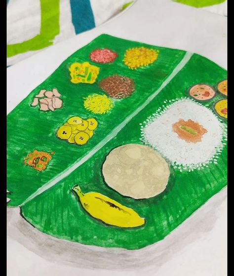 Food Painting Onam Sadhya Illustration, Onam Painting Ideas, Onam Craft Ideas For Kids, Onam Drawing Ideas, Onam Celebration Decoration, Onam Decoration Ideas For School, Kerala Piravi Drawings, Onam Painting, Onam Festival Drawing