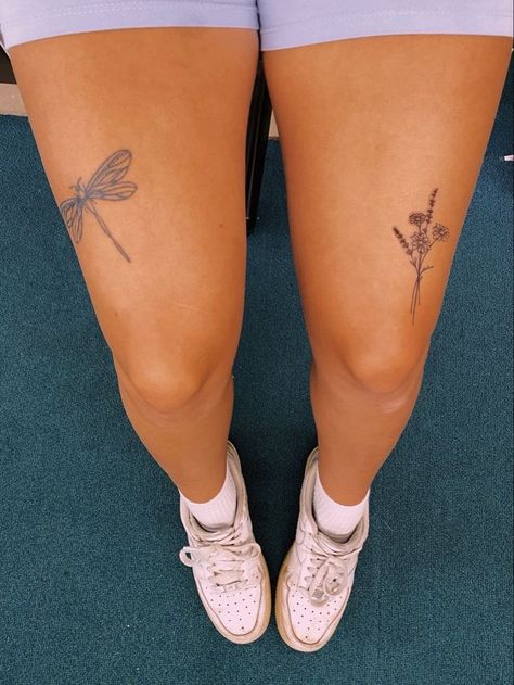 Thigh Dragonfly Tattoo, Nature Related Tattoos, Dragonfly Tattoo On Leg, Leg Tattoos Aesthetic Simple, Hummingbird Knee Tattoo, Dragon Fly Leg Tattoo, Lavender Tattoo Leg, Leg Tattoo Ideas Women, Dragonfly On Flower Tattoo