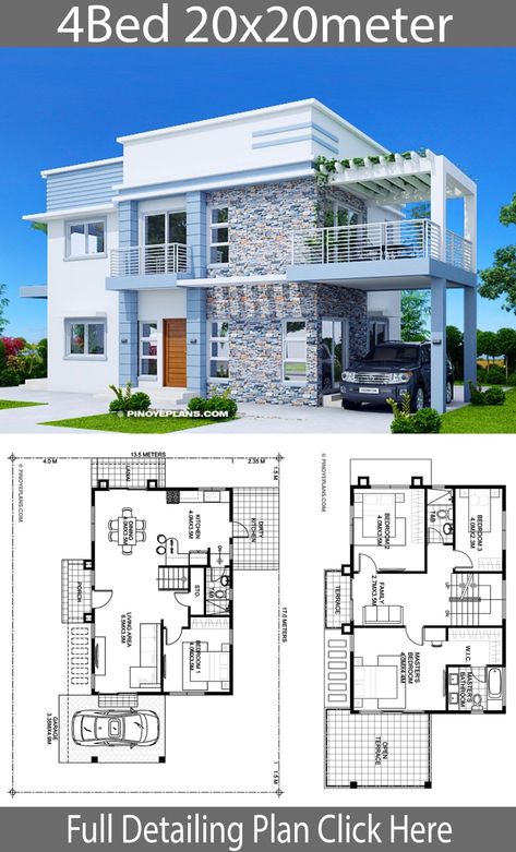 Antonio - Four Bedroom Modern Home Plan 8C3 Two Story House Design, Modern House Floor Plans, 2 Storey House Design, Two Story House, Building Plans House, Duplex House Plans, House Plan Gallery, House Construction Plan, Simple House Plans