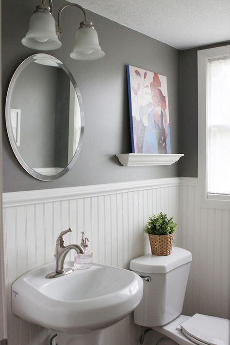 Bathroom Grey, Beadboard Wallpaper, Beadboard Bathroom, White Beadboard, Bead Board Walls, Wainscoting Bathroom, Gray And White Bathroom, Wainscoting Styles, Bead Board