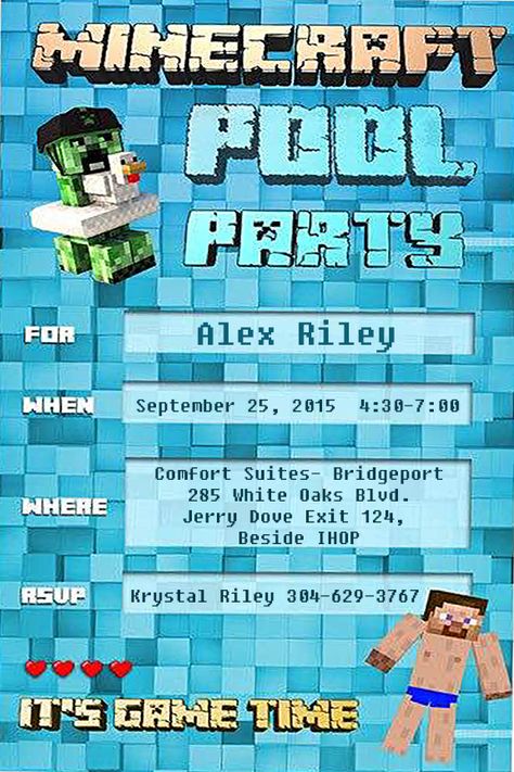 Minecraft Pool Party Birthday Invite Minecraft Party Invite, Minecraft Pool Party Ideas, Free Minecraft Invitations Printables, Minecraft Pool Party, Minecraft Pool, Minecraft Pool Party Invitations, Birthday Invitation Card Minecraft, Minecraft Birthday Invitations, Pool Birthday Invitations