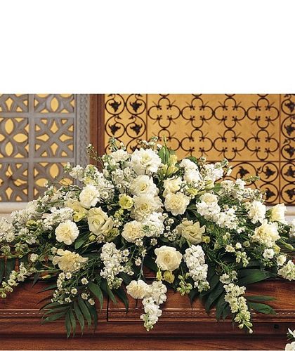 this is pretty. the greenery offsets the white flowers White Casket Spray, White Casket, Sympathy Floral, Casket Spray, Casket Flowers, Casket Sprays, White Carnation, Memorial Flowers, Sympathy Flowers