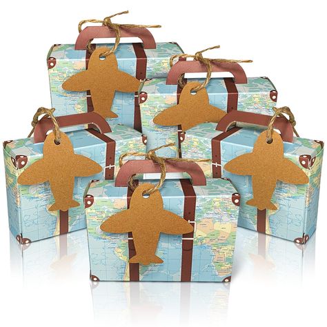 PRICES MAY VARY. ✈️ PACKAGE INCLUDED - 50pcs world map mini suitcase boxes, 50pcs airplane shape kraft tags and 50pcs jute twine, easy to assemble and very practical to fill. ✈️ EYE-CATCHING STYLE - Travel suitcase design can make your party or wedding more unique and beautiful. A world map was printed on the surface of the favor boxes, give an extra charm to your favors. ✈️ PREMIUM QUALITY - Small cardboard boxes are made of high quality kraft card paper, vintage paper, beautiful, thick, practi Suitcase Design, Kraft Tags, Mini Suitcase, Fest Temaer, Travel Party Theme, Rainbow Toy, Wedding Candy Boxes, Paper Candy, Candy Party Favors