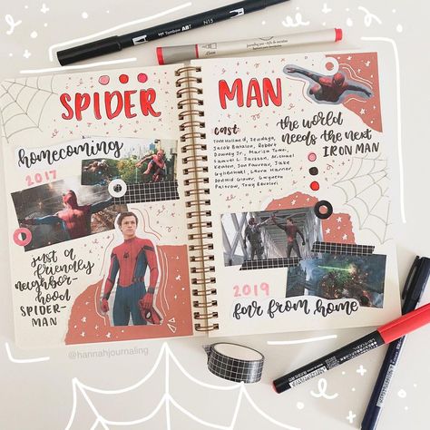 hannah | bullet journal on Instagram: “film journal spread for spiderman hc + ffh! 🕸🕷💥 comment your No Way Home theories 🧐 . . #filmjournaling #filmjournal #marveljournal…” Movie Themed Scrapbook Page, Movie Bullet Journal Page, Marvel Journal Page, Spiderman Scrapbook Ideas, Newspaper Journal Ideas, Spiderman Journal Page, Spiderman Journal Ideas, Marvel Journal Ideas, Spider Man Notebook