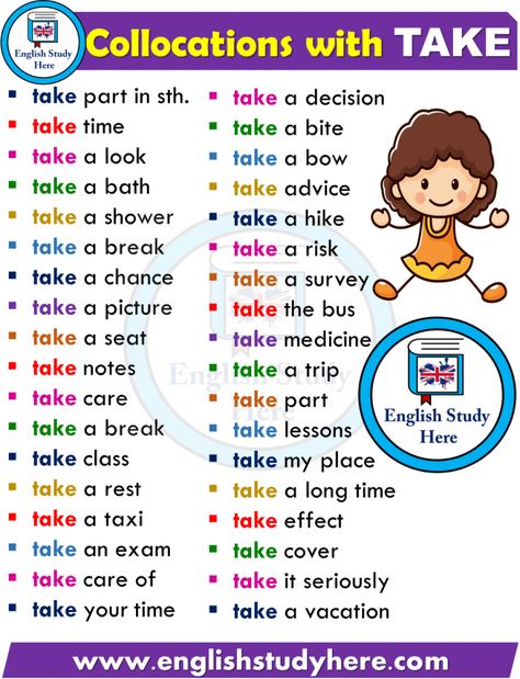 English Collocations with TAKE Collocations English, Phrases English, English Collocations, Teaching English Grammar, Conversational English, Phrasal Verbs, English Vocab, English Verbs, Learn English Grammar