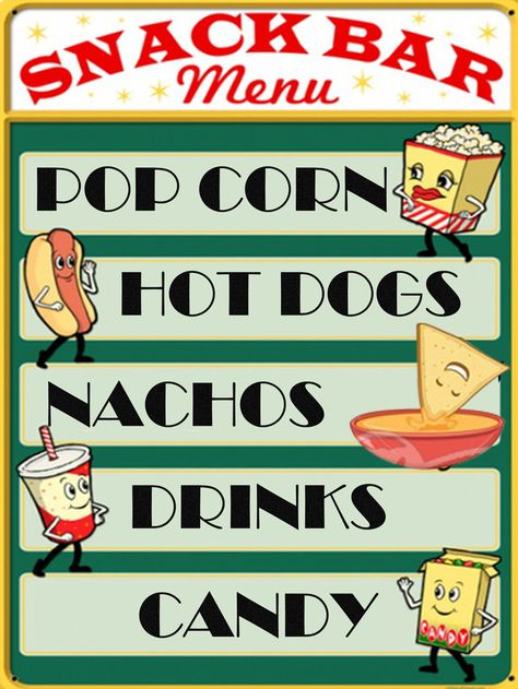 Movie Room Snack Bar, Movie Snack Bar, Movie Theater Snack Bar, Movie Theater Concession, Diy Movie Room, Snack Bar Menu, Movie Classroom, Snack Bar Sign, Concession Stand Menu