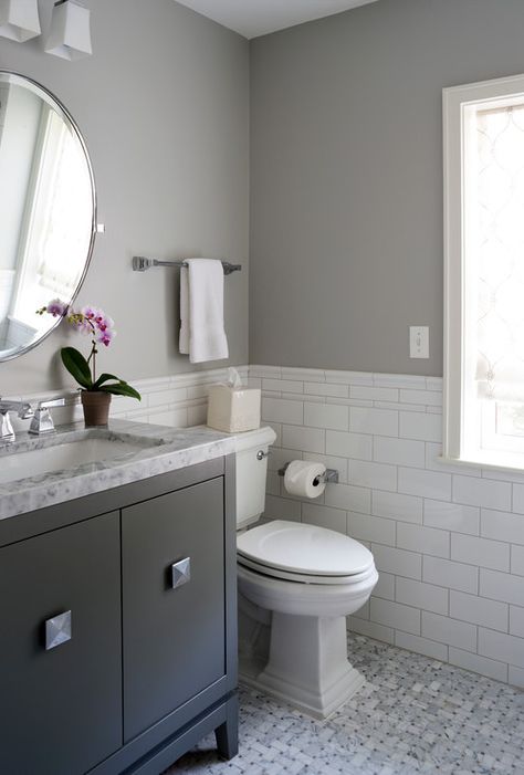 Wall color is Sterling Silver by Benjamin Moore. Cahill Design Small Grey Bathrooms, Small Basement Bathroom, Makeover Kamar Mandi, Updated Bathroom, Gray And White Bathroom, Subway Tiles Bathroom, Gray Bathroom Decor, Bilik Air, Bad Inspiration