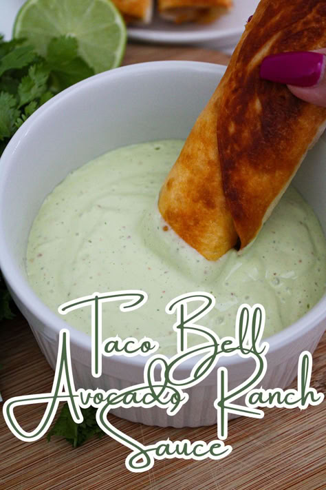 creamy taco bell avocado ranch sauce Copycat Bww Ranch, Taquitos Sauce Recipe, Taco Bell Copycat Recipes Sauces, Taco Bell Avocado Verde Salsa, Taco Bell Jalapeno Cream Sauce, Taco Cabana Copycat Recipes, Taco Bell Avocado Ranch Sauce, Taquito Sauce, Avocado Sauce For Tacos