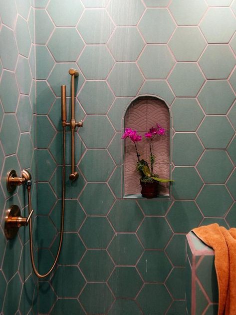 Pink Grout, Cottage Renovation, Fireclay Tile, Bright Wallpaper, 3d Interior, Modern Houses Interior, Hexagon Tiles, Modern Farmhouse Decor, Guest Bathroom