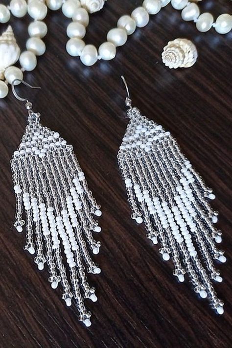 Beaded Wedding Earrings Native, Elegant Silver Beaded Earrings With Fringe, Silver Beaded Earrings With Fringe For Party, Artisan White Earrings With Beaded Fringe, White Beaded Fringe Dangle Earrings, Silver Beaded Fringe Tassel Drop Earrings, Seed Bead Crafts, Beaded Wedding, Native Beadwork