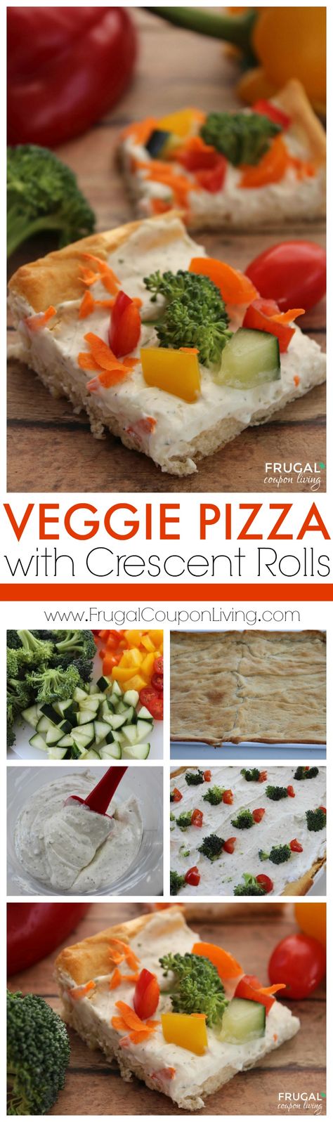 Veggie Pizza with Crescent Rolls - great for a party or makes as a dinner entree. Even the kids will love it! Let them pick the veggies that go on top! Cresent Roll Veggie Pizza, Pizza With Crescent Rolls, Gf Crust, Appetizer Pizza, Pizza Crescent, Pillsbury Pizza, Cold Appetizers Easy, Cold Pizza, Cold Appetizer