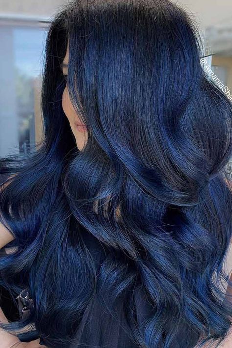 Blue Black Hair Dye, Long Blue Hair, Midnight Blue Hair, Blue Black Hair Color, Blue Hair Highlights, Blue Ombre Hair, Blue Black Hair, Dark Blue Hair, Black Hair Dye