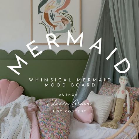 Mermaid decor ideas for girls bedroom. Pink theme room with pink bunting, blush pink paint and rattan petal chair. Pink ground paint by farrow and ball on walls. Scalloped wall paint how to. Mermaid doll. Mermaid party ideas. Pink lamp. Scandi style interior ideas. Velvet shell cushions Modern Mermaid Room, Whimsical Beach Bedroom, Whimsical Mermaid Bedroom, Rainbow Mermaid Bedroom, Mermaid Inspired Bedroom, Scallop Wall Girls Room, Mermaid Theme Bedroom, Mermaid Kids Room, Mermaid Bedroom Aesthetic