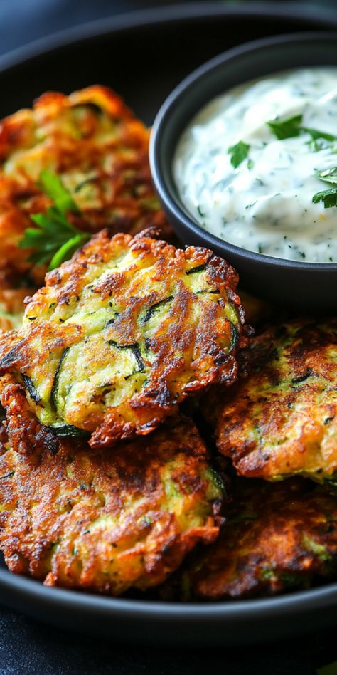 Achieve the perfect crunch with these Zucchini Fritters! Serve with a dollop of sour cream for a tasty treat. Zucchini Carrot Fritters Baked, Zuchinis Fritters Recipe, Ideas For Zucchini, Zucchini Appetizer Recipes, Fried Zucchini Recipe, Zucchini Ideas, Recipe Using Zucchini, Squash Dishes, Vegetarian Fritters