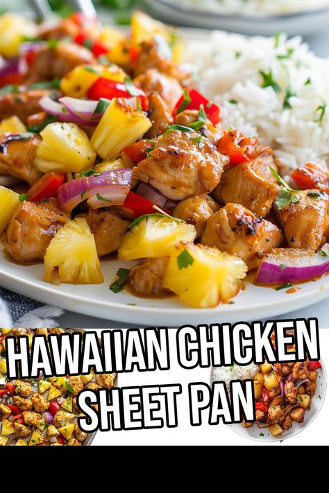 Sheet Pan Hawaiian Chicken, Hawaiian Chicken Sheet Pan Dinner, Sheet Pan Hawaiian Pineapple Chicken, Hawaiian Sheet Pan Chicken, Quick Easy Weeknight Dinners, One Pan Dinners Healthy, Quick Supper Ideas Easy, Cheap Dinners For A Family Healthy, Pineapple Dinner Recipes