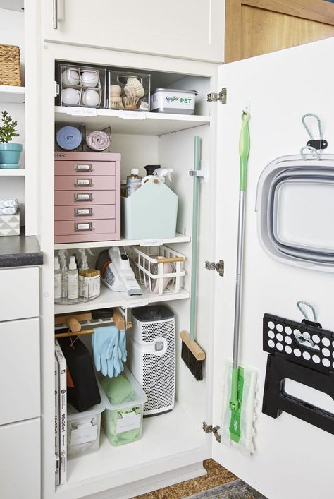 Streamlined storage makes cleaning duties so much easier. Bathroom Closet Organization Ideas, Closet Organization Solutions, Cleaning Closet Organization, Storage Hacks Diy, Bathroom Closet Organization, Cleaning Supply Storage, Utility Closet, Closet Organization Ideas, Cleaning Supplies Organization