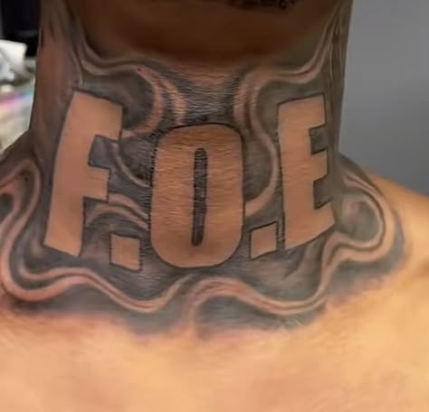 Chosen Neck Tattoo, Neck Tattoo Hood, Flame Neck Tattoo Men, Fear None Neck Tattoo Men, Men Neck Tattoo Aesthetic, Neck Tattoos Throat, Hood Chest Tattoos Men, Fye Tattoos For Neck Men, Chosen 1 Tattoo Men Neck