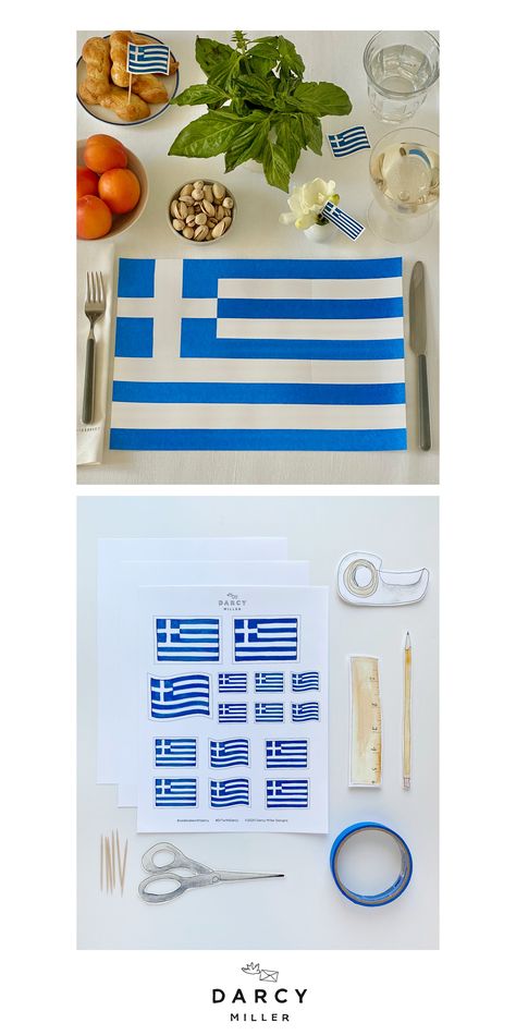 Printable greek flag and easy placemat DIY for a Greek themed dinner party | Darcy Miller Designs #travel #greece #hellas #mykonos #staycation #meze #summer #entertaining #stayhome #inspiration #inspo #idea #craft #forfamily #withkids #celebration #greekisles #olympics Greek Party Decor, Greek Decorations Party, Greek Party Ideas, Greece Themed Party Decoration, Greek Theme Party, Greek Themed Party, Greek Party Decorations, Placemat Centerpiece, Greek Party Theme