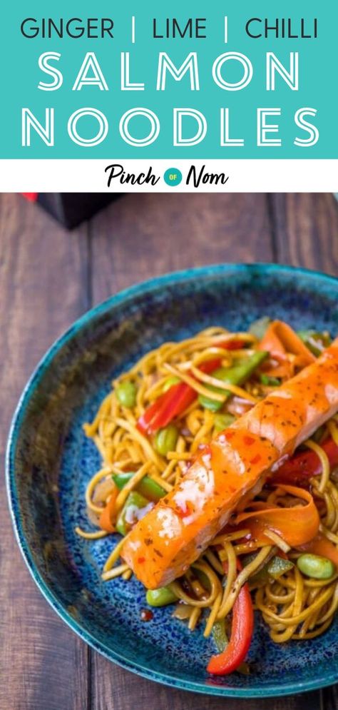 Salmon With Noodles, Weight Watchers Salmon, Salmon Noodles, Noodle Bowls Recipes, Noodle Dinner, Garlic Butter Salmon, Lime Salmon, Pinch Of Nom, Butter Salmon