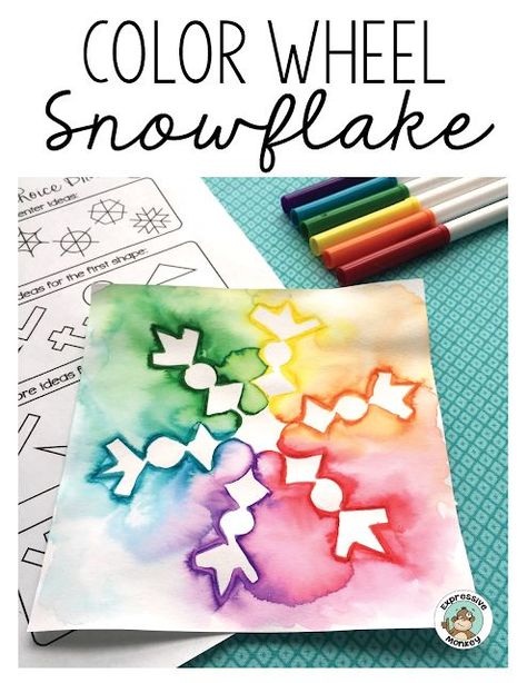 This color wheel snowflake is the perfect way to teach about color and also have a little fun with a winter activity.  See step by step how to draw a snowflake and use markers to blend the colors into a beautiful color spectrum. #colorwheel #snowflakedrawing #artlessons #winterdrawing Winter Art Grade Four, Winter Tessellations, January Elementary Activities, Color Wheel Art Projects Elementary, Winter Art Activities For Kids, Snowflake Activity, Draw A Snowflake, Winter Activity For Kids, Painting Snowflakes