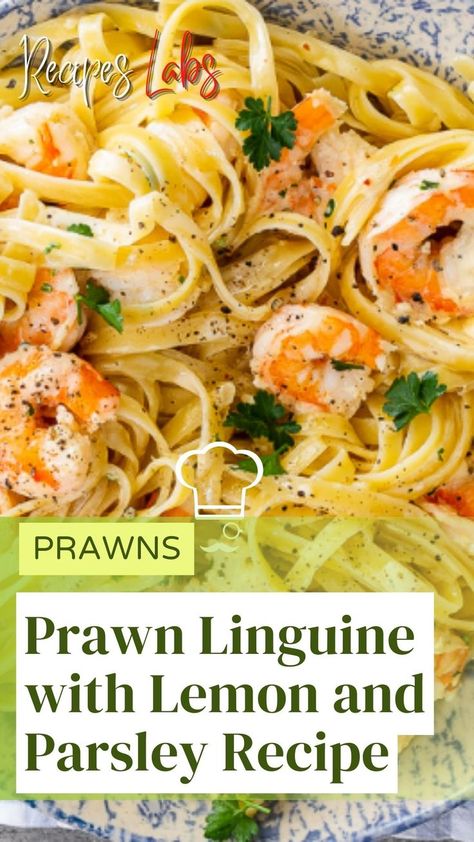 Prawn Linguine with Lemon and Parsley Recipe Lemon Prawn Linguine, Prawn And Asparagus Recipes, Garlic Prawns Pasta, Pasta And Prawns Easy Recipes, Lemon Prawn Pasta, Prawn Linguine Recipe Garlic, Prawn Recipes Healthy, Prawn Linguine Recipe, King Prawn Linguine