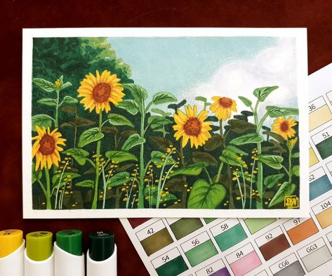 Sunflower Field Drawing, Field Drawing, Sunflower Drawing, Sunflower Field, Marker Drawing, Sunflower Fields, Postcard Design, Marker Art, Art Illustration