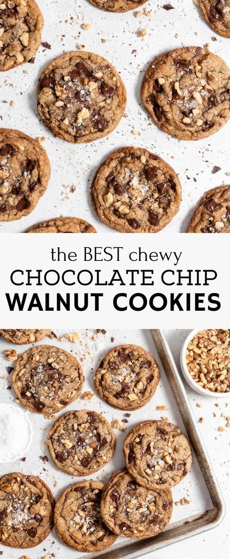 The BEST Chocolate Chip Walnut Cookies recipe that you’ll ever try is super simple to make and so delicious. The cookies have chewy centers with slightly crisp edges and are loaded with chocolate and walnuts. #chocolatechipwalnutcookies #chocolatechipcookies #cookierecipes #chocolatecookies #walnutcookies #bakedambrosia | bakedambrosia.com Walnut Cookies Recipe, Walnut Dessert, Walnut Cookie Recipes, Chocolate Chip Walnut Cookies, Walnut Recipes, Best Chocolate Chip, Fav Food, Walnut Cookies, Chewy Chocolate Chip