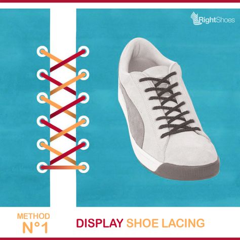 "DISPLAY" Method This is probably one of the most common method of lacing normal shoes & boots. Shoe stores and brand often use this version instead of "Criss Cross Lacing" (http://www.fieggen.com/shoelace/crisscrosslacing.htm) in order to finish with the ends of the lace hidden inside the shoe. DISPLAY METHOD: http://www.fieggen.com/shoelace/displayshoelacing.htm Shoe Lacing, Cross Shoes, Shoe Stores, Boots Shoe, Shoe Display, Shoe Store, Shoes Boots, Criss Cross, Shoe Laces