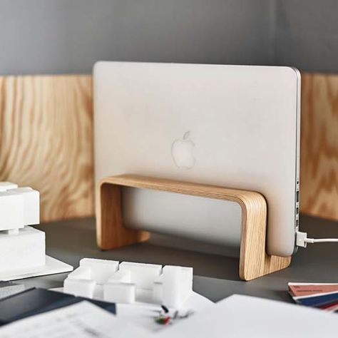 Vertical MacBook stand Apple Display, Diy Laptop Stand, Laptop Stand Wood, Macbook Stand, Vertical Laptop Stand, Wooden Laptop Stand, Office Storage Furniture, Laptop Storage, Workspace Design