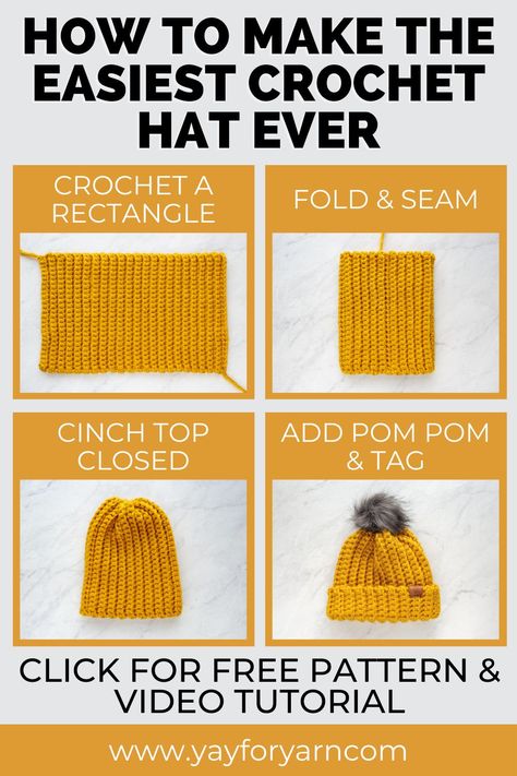 This simple-to-make hat is made from a crocheted rectangle! It’s the perfect project for a beginner crocheter, or anytime you want to make a quick and easy project. #crochethat #freecrochetpatterns #crochethatpatterns #easycrochetpatterns #crochetforbeginners #crochetbabyhats #crochetskihat #crochetslouchyhat Beginner Knitting, Poncho Crochet, Easy Crochet Hat, Crochet Patterns Free Beginner, Hat Tutorial, Crochet Hat Free, Crochet Beanie Pattern, Crochet Hats Free Pattern, Beginner Crochet Projects