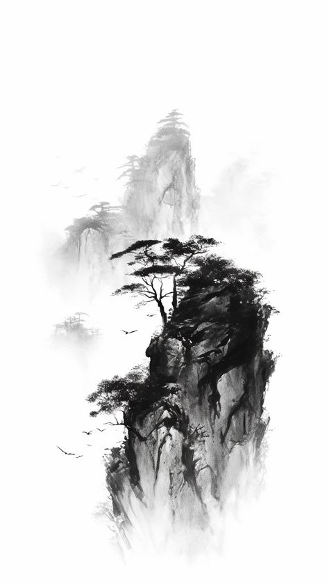 Chinese Art Black And White, Chinese Mountain Tattoo, Sumi E Landscape, Japanese Zen Art, Watercolor Mountains Tattoo, Japanese Ink Painting, Chinese Landscape Painting, Ink Wash Painting, Scene Drawing