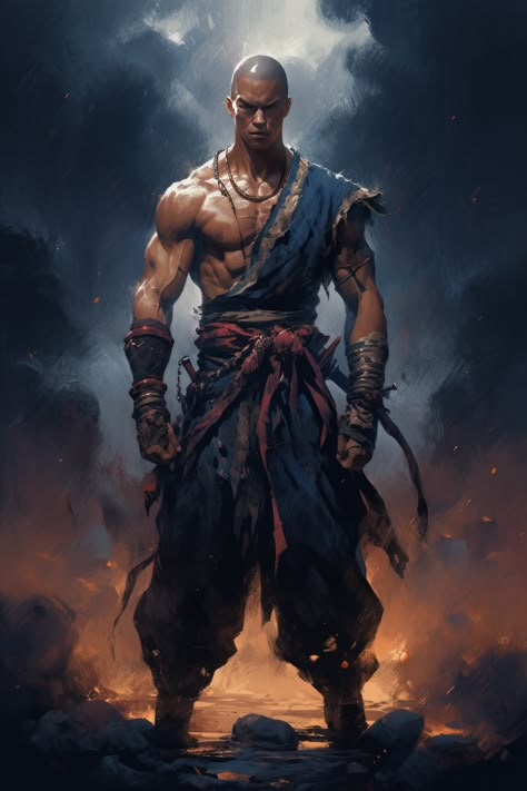 Shaolin Monk Fantasy Art, Black Martial Artists, Shaolin Monk Character Design, Kung Fu Master Character Design, D&d Monk Art, Fantasy Monk Art, Kung Fu Character Design, Fantasy Martial Artist, A Warrior