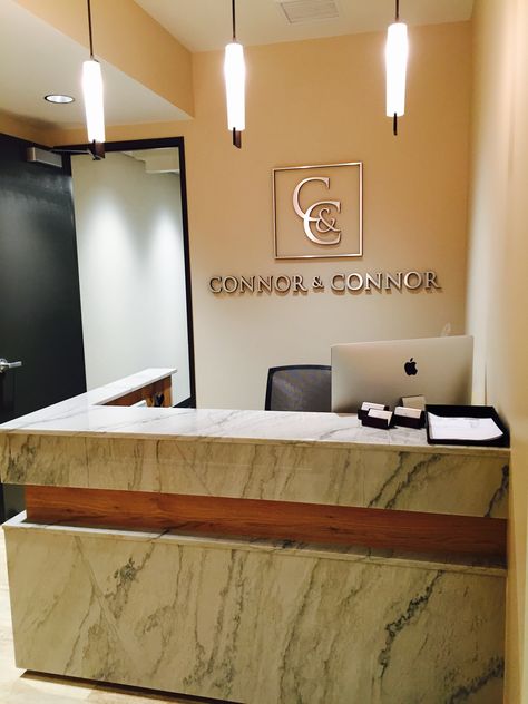 Connor and Connor Law Offices Reception Desk Law Office Reception Desk, Small Law Firm Office Design, Receptionist Area Ideas Offices, Law Office Reception Area, Law Firm Reception Area, Small Lawyer Office Design, Office Reception Ideas, Law Firm Reception, Receptionist Counter