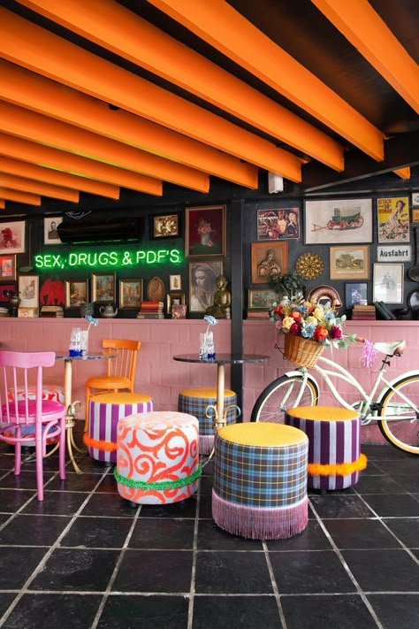 Cool Spaces: Bombay Bicycle Club Revamp Bar Colours Interior Design, Quirky Shop Interiors, Quirky Cafe Interior, Quirky Coffee Shop, Fun Restaurant Design, Funky Coffee Shop, Quirky Interior Design, Italian Cafe Interior, Quirky Restaurant