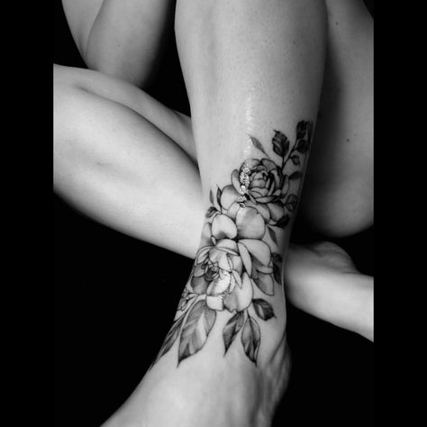 Ankle Tattoo Large, Peony Tattoo Ankle, Front Lower Leg Tattoo Women, Large Ankle Tattoo Cover Up, Big Ankle Tattoos For Women, Large Ankle Tattoo, Peony Foot Tattoo, Tattoo Cover Up Ideas For Women Ankle, Ankle Lower Leg Tattoos