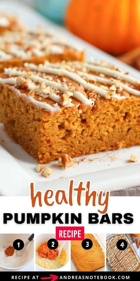 Collage of pumpkin bars. Recipe With Applesauce, Pumpkin Bars Recipe, Recipe With Pumpkin, Healthy Pumpkin Bars, Easy Pumpkin Bars, Pumpkin Bar, Pumpkin Cream Cheese Muffins, Apple Bars, Thanksgiving Cakes