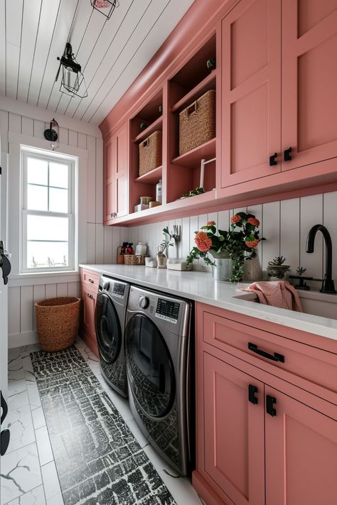 Revamp your laundry room with these 5 essential design tips! Discover how to maximize space, choose the right storage, and add a touch of style for a functional and appealing laundry area. Perfect for home improvement enthusiasts. Click for more ideas! Fun Colorful Laundry Rooms, Rust Laundry Room, Laundry Room Ideas Colorful, Colourful Utility Room Ideas, Laundry Room Colored Cabinets, Pink Laundry Room Cabinets, Coral Laundry Room, Laundry Room Colours, Colorful Laundry Rooms