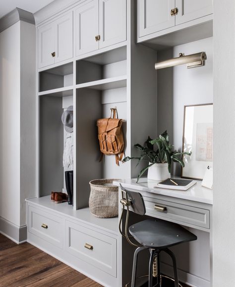 Mudroom with desk idea for smaller space. Desk In Front Of Sliding Glass Door, Basement Mudroom Ideas, Mudroom Office, Mudroom Kitchen, Mudroom Cabinets, Mudroom Entryway, Mudroom Decor, Mudroom Laundry Room, Mudroom Design