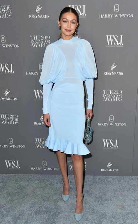 Supermodel Gigi Hadid looks elegant and beautiful in a soft, baby blue dress for the 9th Annual WSJ. Magazine Innovator Awards. Casual Lace Top, Yellow Lingerie, Trendy Bridesmaids, Formal Dress Patterns, Gigi Hadid Looks, Baby Blue Dress, Wsj Magazine, Gigi Hadid Style, Baby Blue Dresses